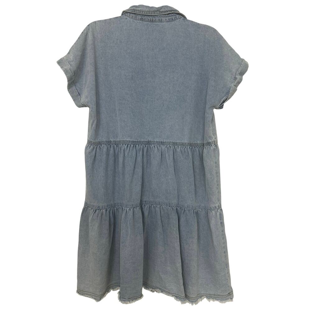 Denim Tiered Pearl Snap Boho Western Shirt Dress Country Concert Cowgirl Large - Picture 2 of 10